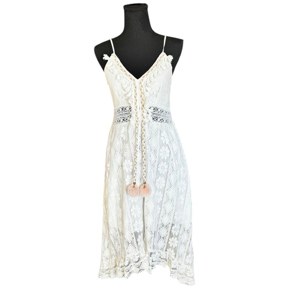 Dresses & Skirts - Boho Lace Midi Dress Ivory Crochet Tassel Pom Pom Cottagecore Festival Beach